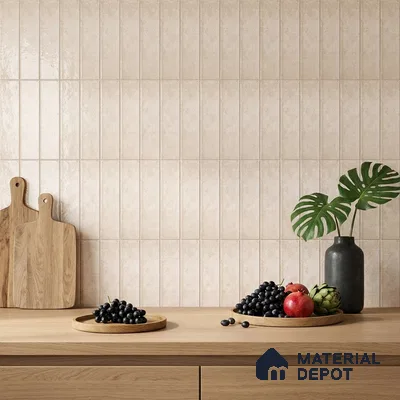 Modern Kitchen with Beige Glossy Subway Tile and Oak Counter