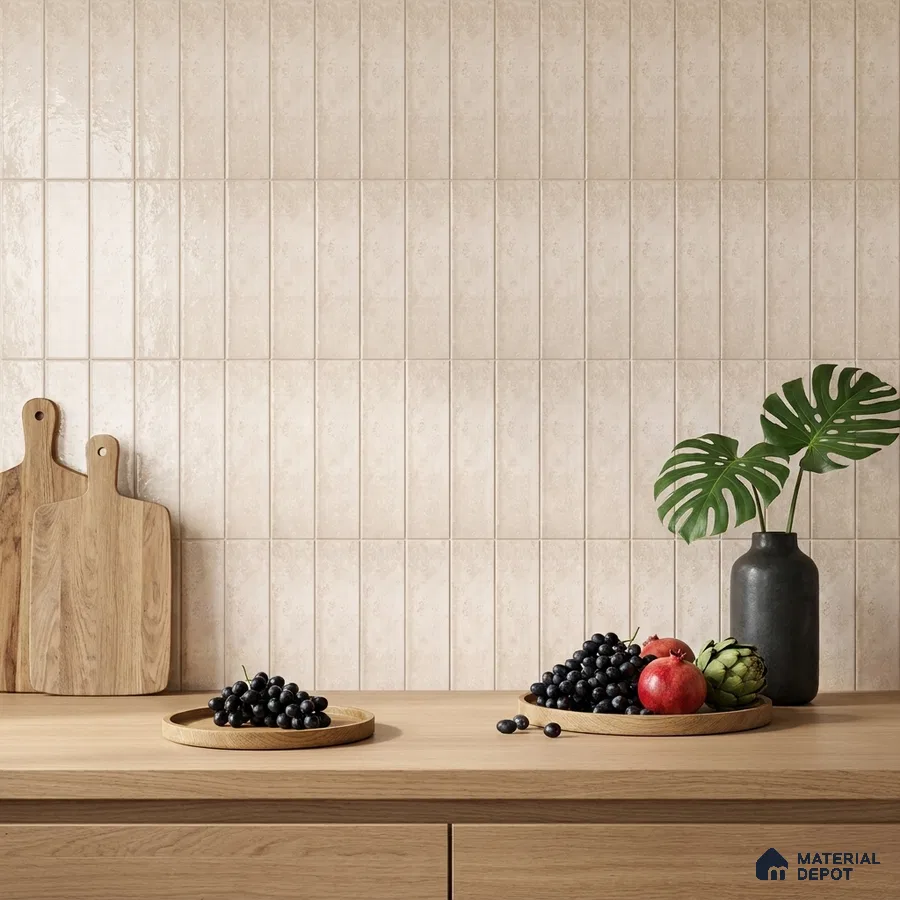 Modern Kitchen with Beige Glossy Subway Tile and Oak Counter
