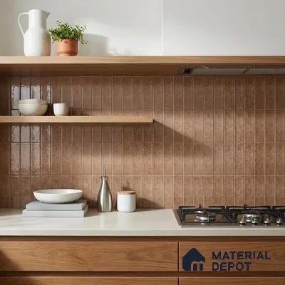Modern Kitchen with Terracotta Brown Glossy Subway Tile and Walnut Cabinets