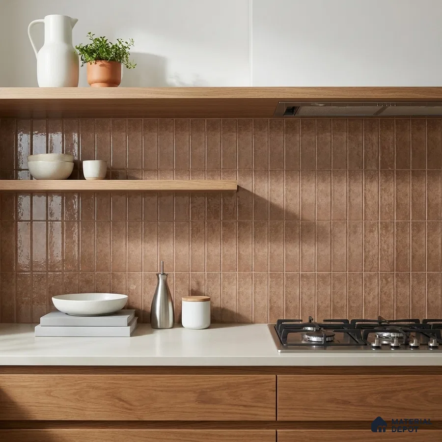 Modern Kitchen with Terracotta Brown Glossy Subway Tile and Walnut Cabinets