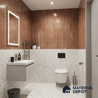 Modern Bathroom with Terracotta Glossy Subway Tile and Terrazzo Wall