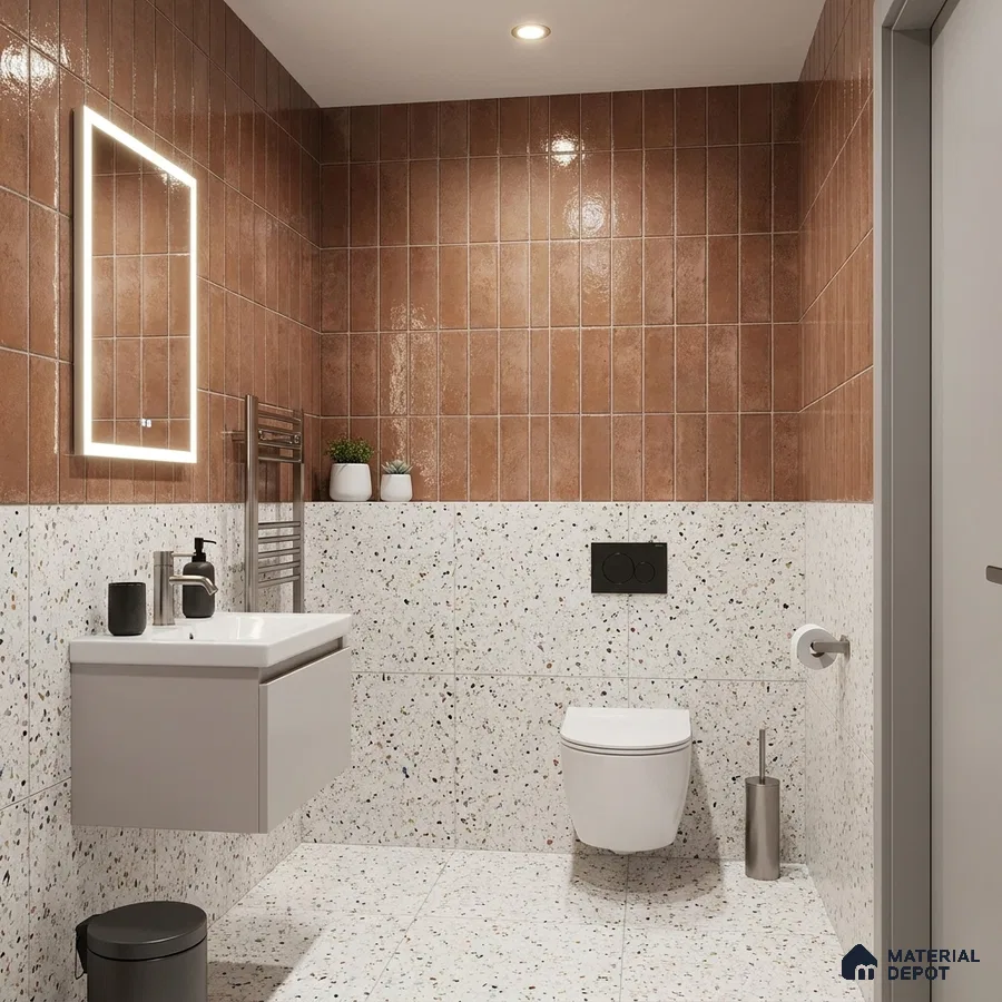 Modern Bathroom with Terracotta Glossy Subway Tile and Terrazzo Wall