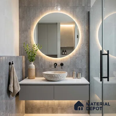 Modern Bathroom with Grey Concrete-Look Subway Tile and Floating Vanity