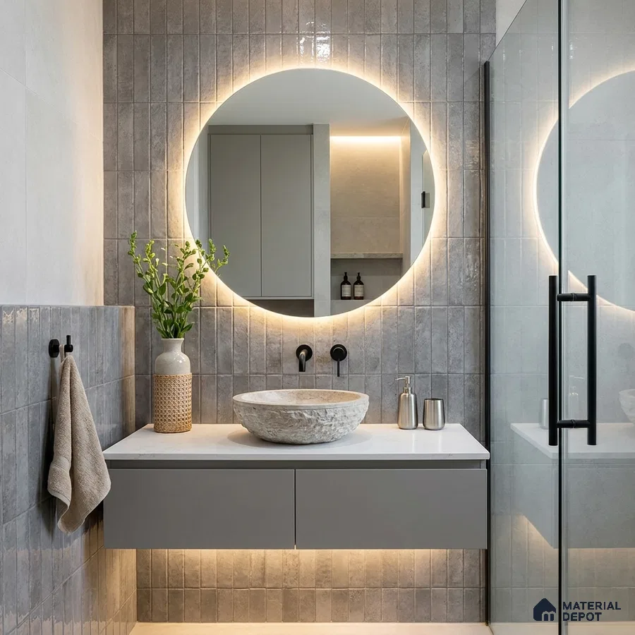 Modern Bathroom with Grey Concrete-Look Subway Tile and Floating Vanity