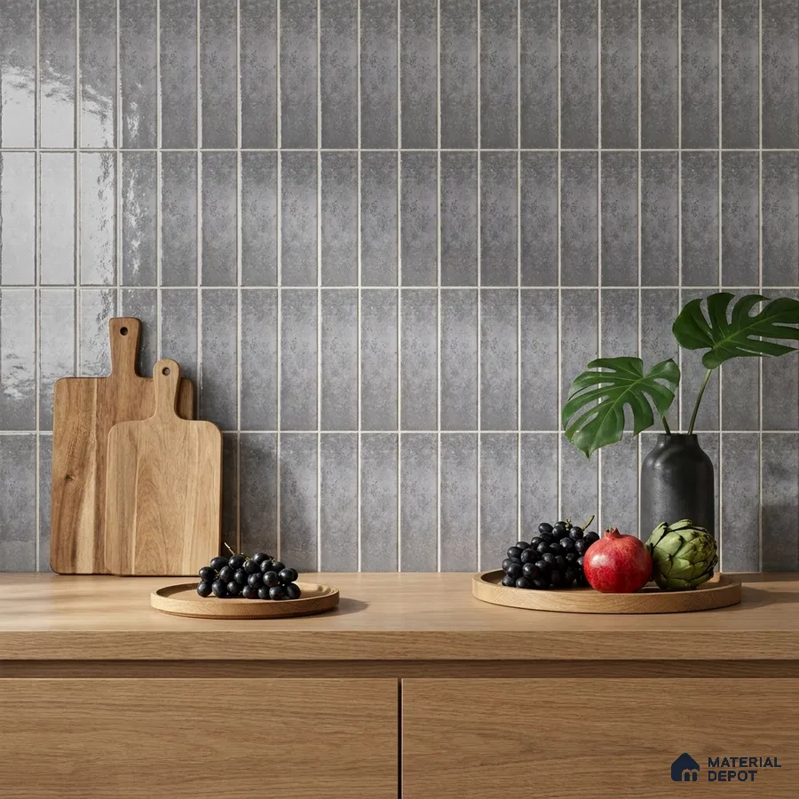 Modern Kitchen with Grey Glossy Subway Tile and Oak Counter