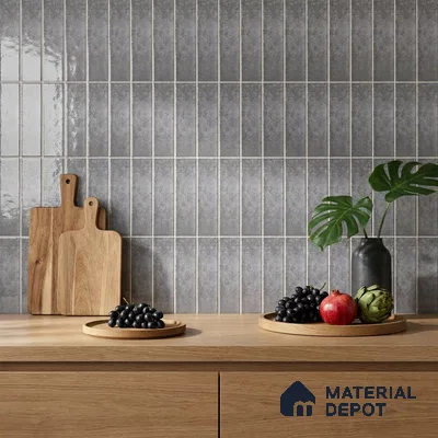 Modern Kitchen with Grey Glossy Subway Tile and Oak Counter