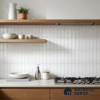 Scandinavian Kitchen with Glossy White Stacked Subway Backsplash Tile and Oak Cabinets