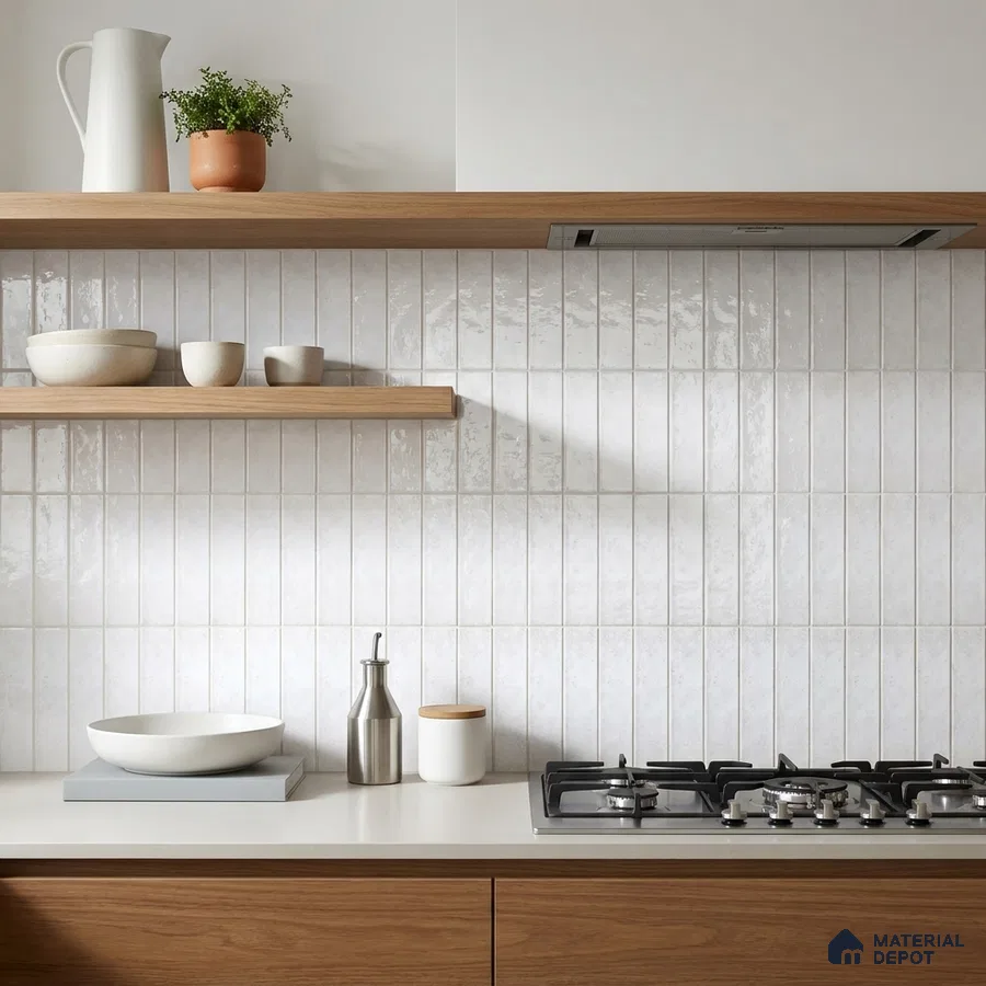 Scandinavian Kitchen with Glossy White Stacked Subway Backsplash Tile and Oak Cabinets