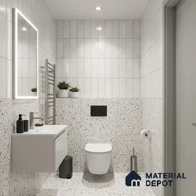 Minimalist Bathroom with Glossy White Subway Tile and Terrazzo Feature Wall