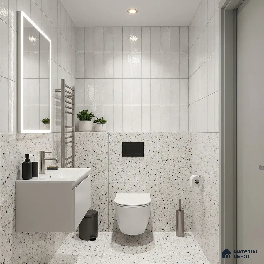 Minimalist Bathroom with Glossy White Subway Tile and Terrazzo Feature Wall