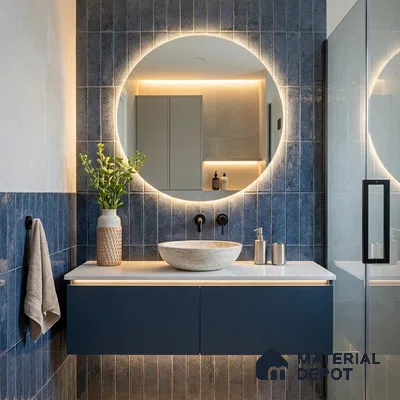 Modern Bathroom with Deep Aqua Blue Subway Accent Tile and Round Backlit Mirror