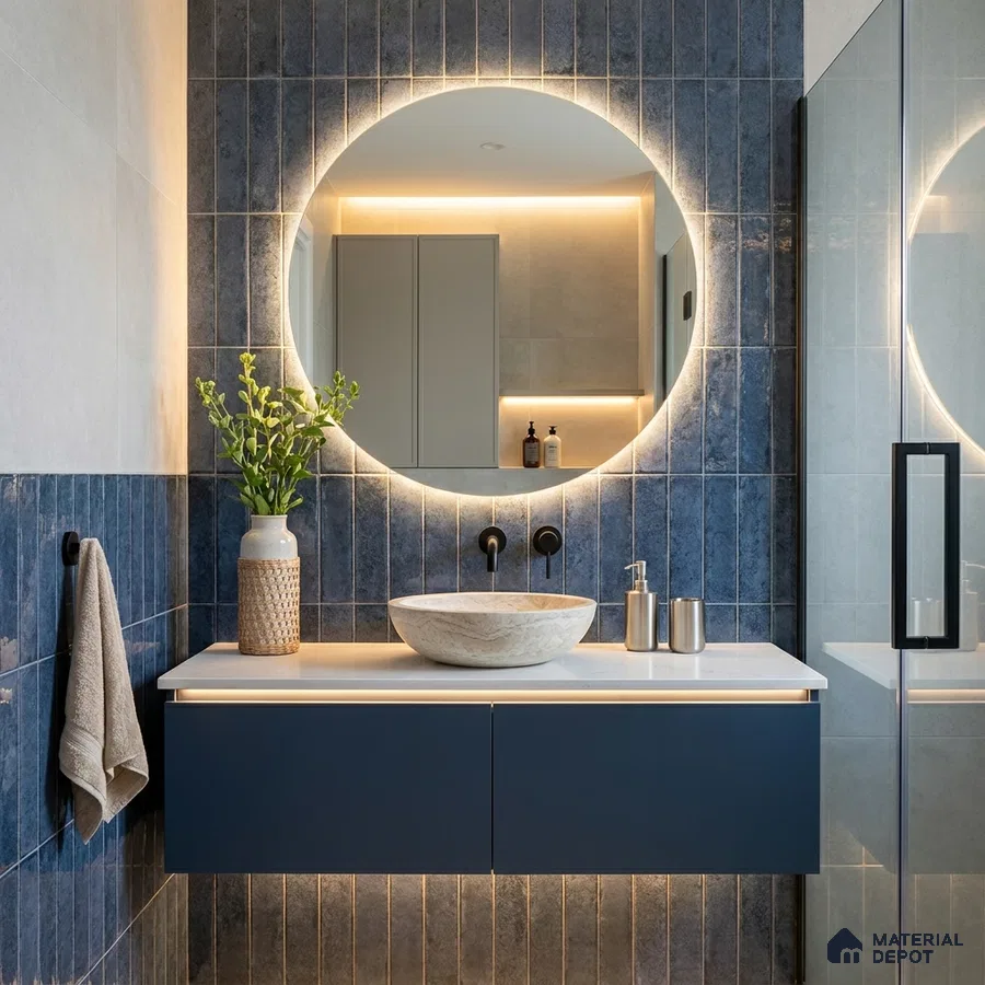 Modern Bathroom with Deep Aqua Blue Subway Accent Tile and Round Backlit Mirror