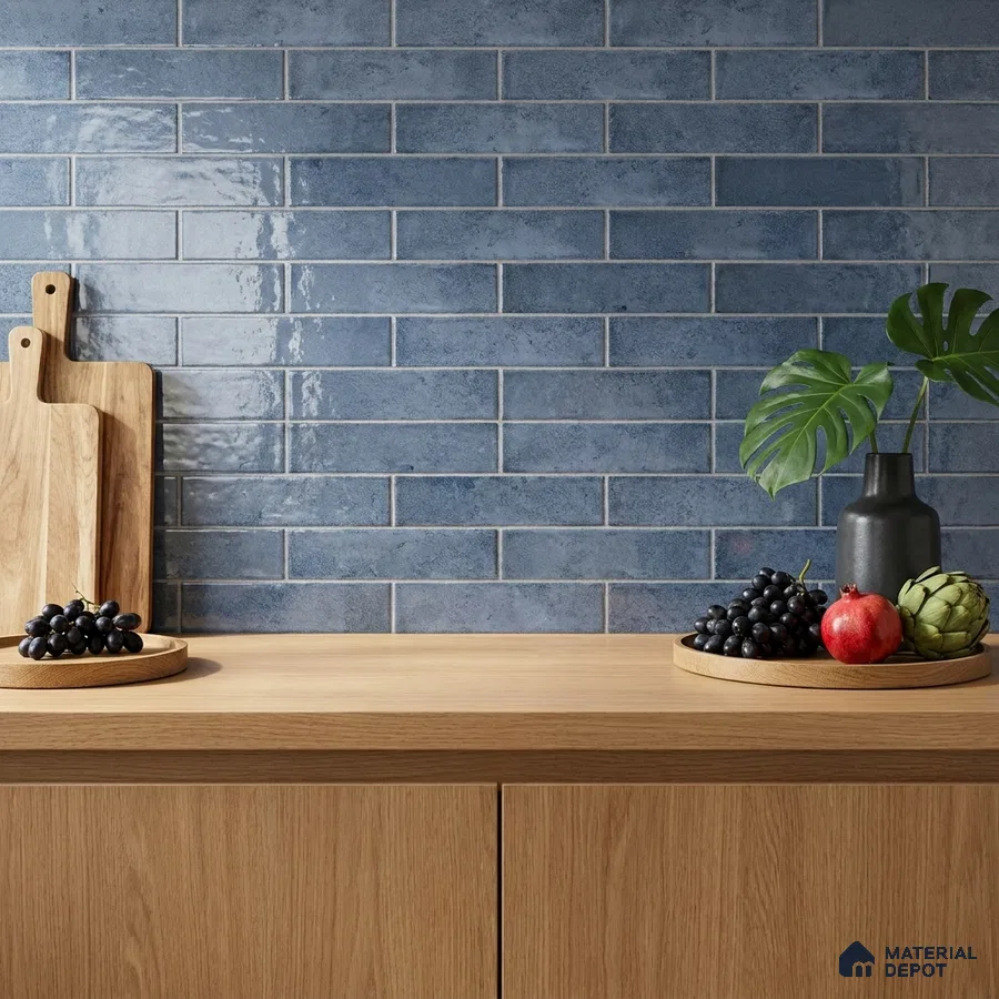 Modern Kitchen with Deep Aqua Blue Glossy Subway Backsplash Tile and Oak Counter