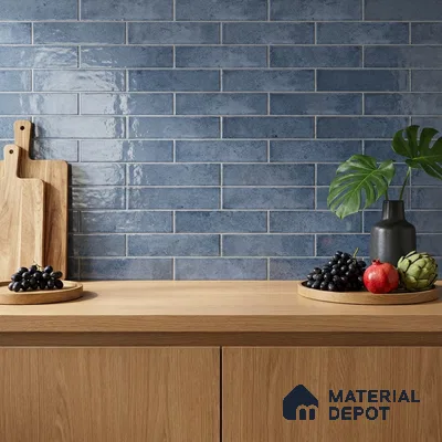 Modern Kitchen with Deep Aqua Blue Glossy Subway Backsplash Tile and Oak Counter