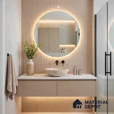 Modern Bathroom with Blush Peruvian Clay Subway Accent Tile and Round Backlit Mirror