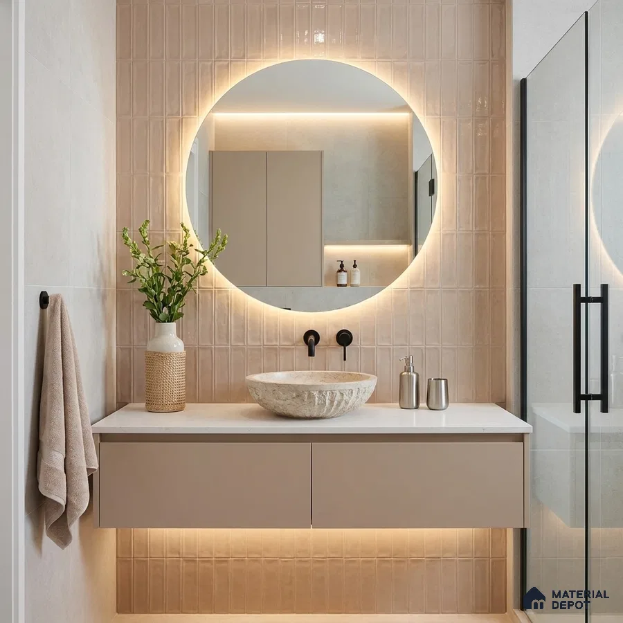 Modern Bathroom with Blush Peruvian Clay Subway Accent Tile and Round Backlit Mirror