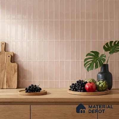 Scandinavian Kitchen with Blush Peruvian Clay Subway Backsplash Tile and Oak Counter