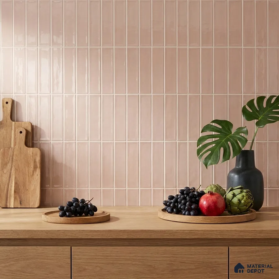 Scandinavian Kitchen with Blush Peruvian Clay Subway Backsplash Tile and Oak Counter