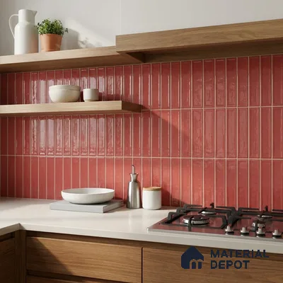Modern Kitchen with Bonfire Red Bevelled Subway Backsplash Tile and Walnut Cabinets