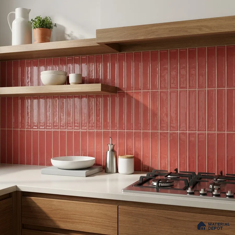 Modern Kitchen with Bonfire Red Bevelled Subway Backsplash Tile and Walnut Cabinets