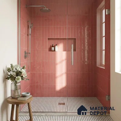 Modern Bathroom with Bonfire Red Glossy Subway Shower Tile and Mosaic Floor