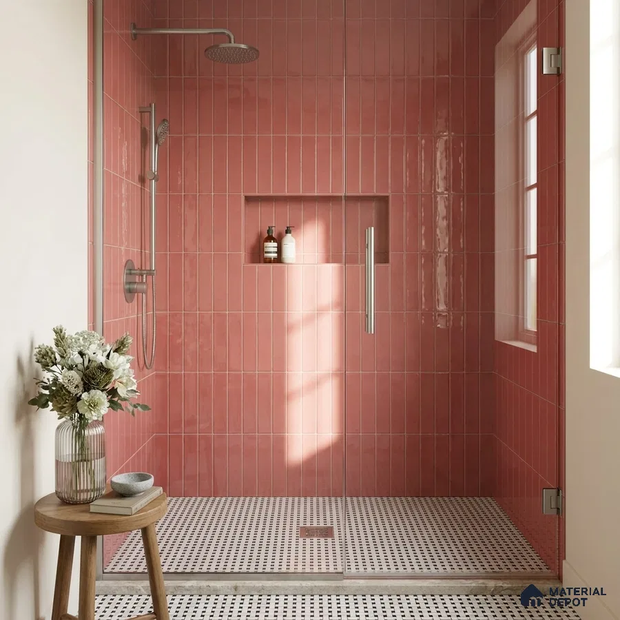 Modern Bathroom with Bonfire Red Glossy Subway Shower Tile and Mosaic Floor
