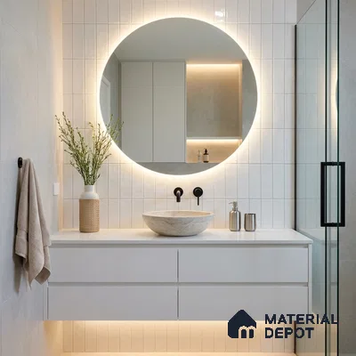 Minimalist Bathroom with Glossy White Subway Accent Tile and Round Backlit Mirror