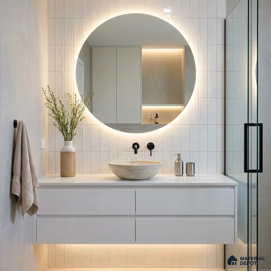 Minimalist Bathroom with Glossy White Subway Accent Tile and Round Backlit Mirror