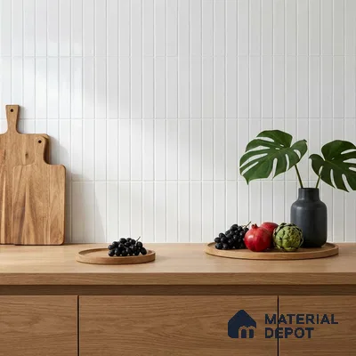 Scandinavian Kitchen with Glossy White Subway Backsplash Tile and Oak Counter