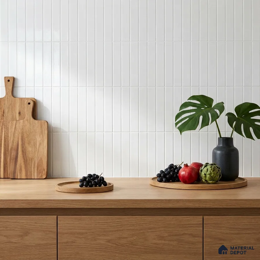Scandinavian Kitchen with Glossy White Subway Backsplash Tile and Oak Counter