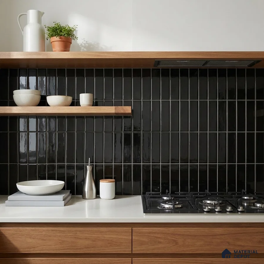 Modern Kitchen with Glossy Black Subway Backsplash Tile and Walnut Cabinets