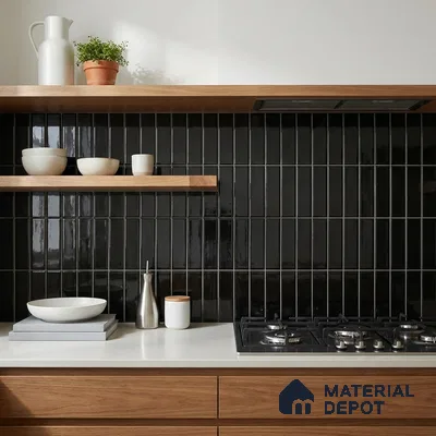 Modern Kitchen with Glossy Black Subway Backsplash Tile and Walnut Cabinets