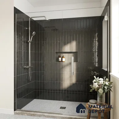 Modern Bathroom with Glossy Charcoal Black Subway Shower Tile and Mosaic Floor