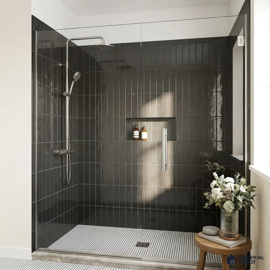 Modern Bathroom with Glossy Charcoal Black Subway Shower Tile and Mosaic Floor