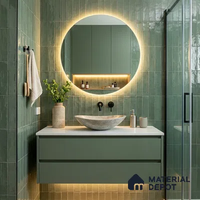 Modern Bathroom with Sage Green Glossy Subway Tile and Round Backlit Mirror