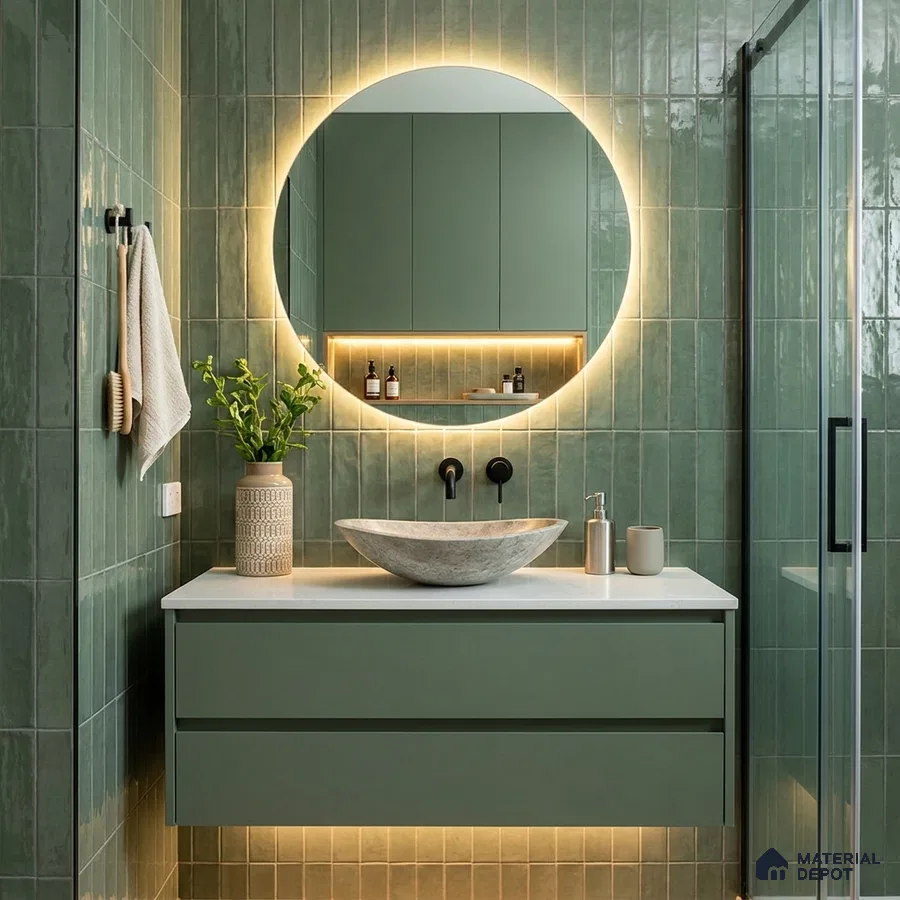 Modern Bathroom with Sage Green Glossy Subway Tile and Round Backlit Mirror