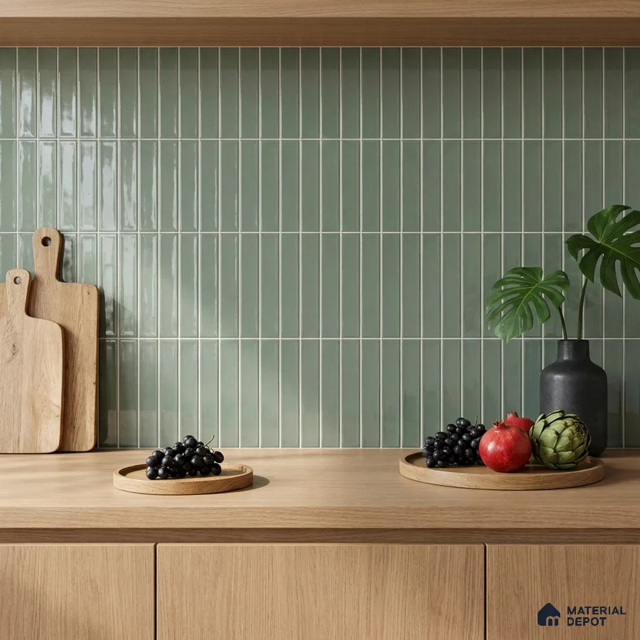 Scandinavian Kitchen with Sage Green Glossy Subway Backsplash Tile and Oak Counter