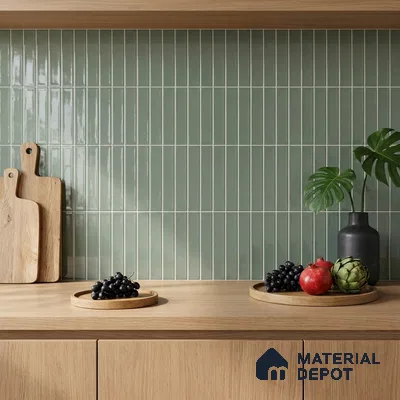 Scandinavian Kitchen with Sage Green Glossy Subway Backsplash Tile and Oak Counter