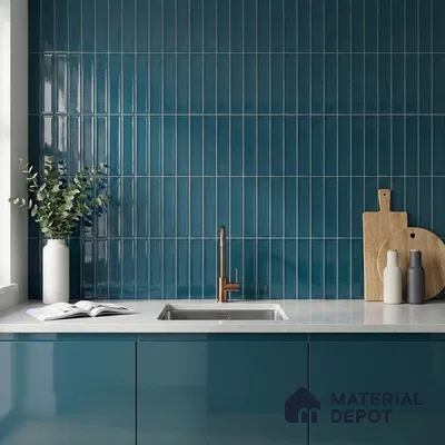 Modern Kitchen with Teal Blue Glossy Subway Backsplash Tile and Matching Cabinets