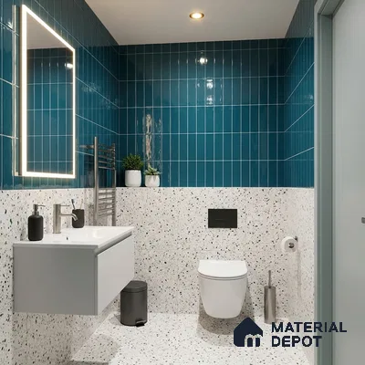 Modern Bathroom with Teal Blue Glossy Subway Tile and Terrazzo Feature Wall