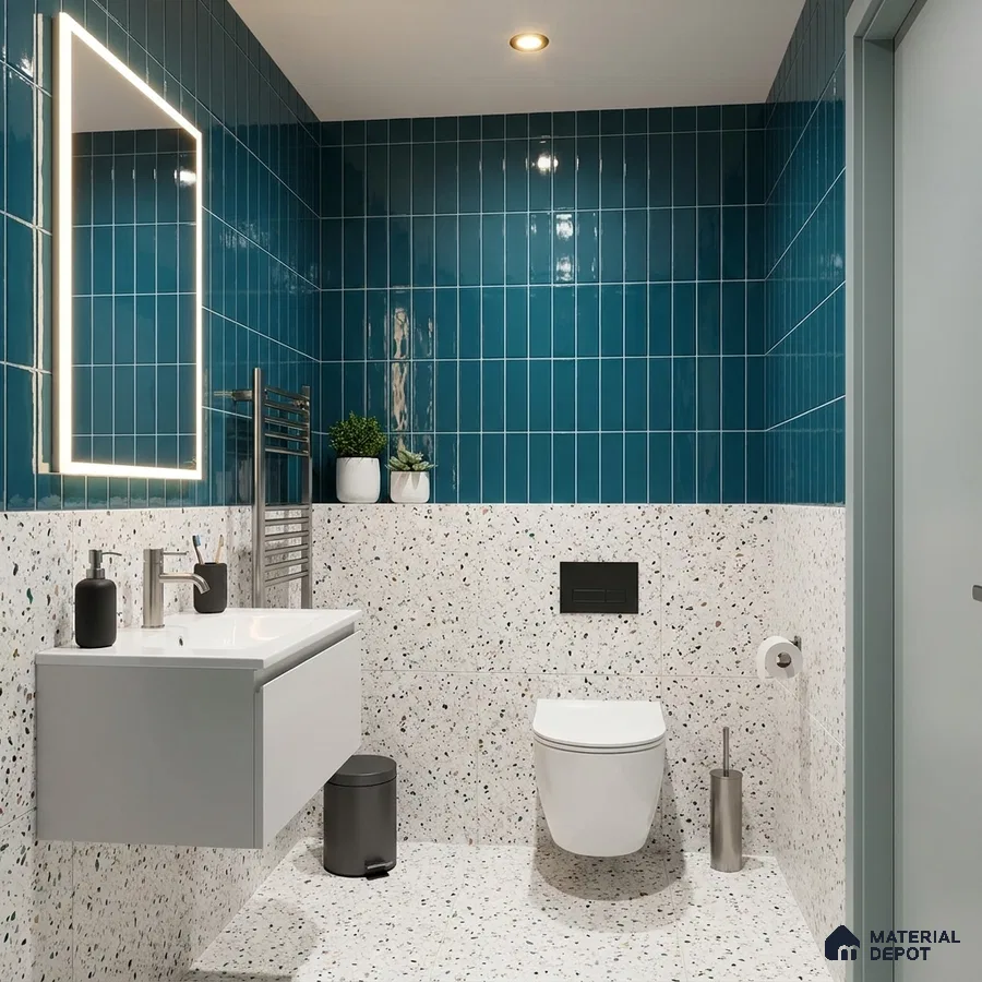 Modern Bathroom with Teal Blue Glossy Subway Tile and Terrazzo Feature Wall