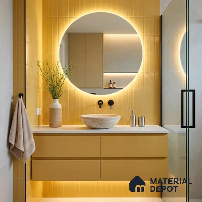 Modern Bathroom with Goldfinch Yellow Glossy Subway Tile and Round Backlit Mirror