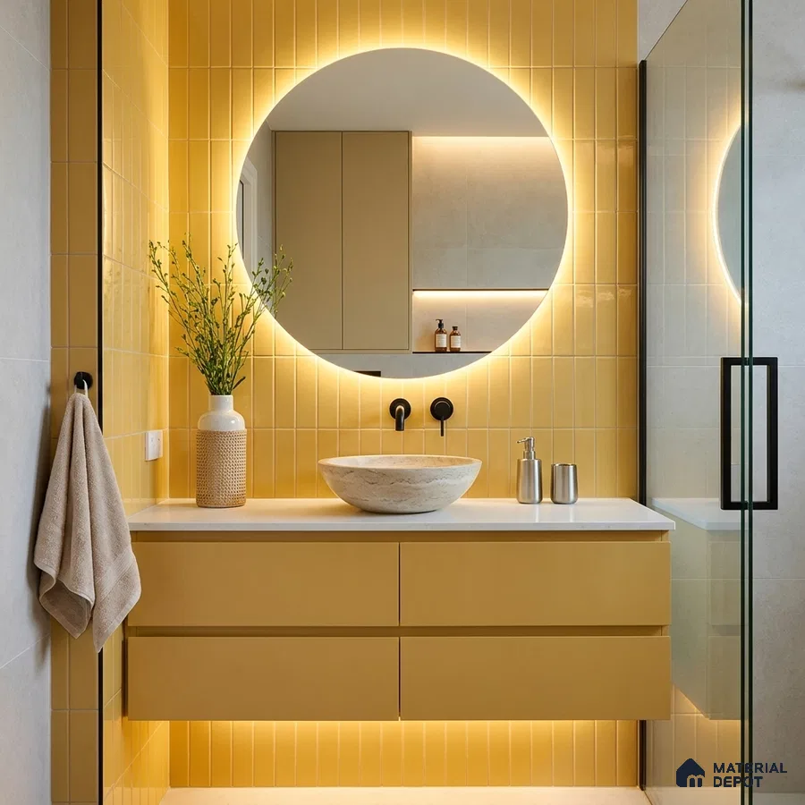 Modern Bathroom with Goldfinch Yellow Glossy Subway Tile and Round Backlit Mirror