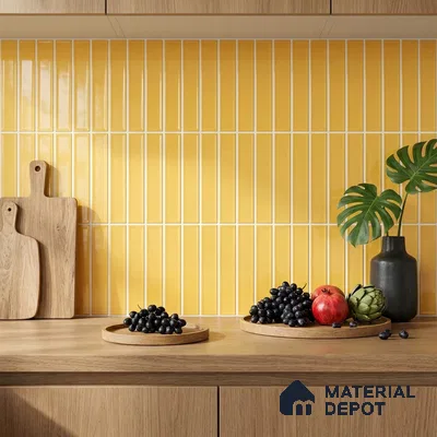 Modern Kitchen with Goldfinch Yellow Glossy Subway Backsplash Tile and Oak Counter