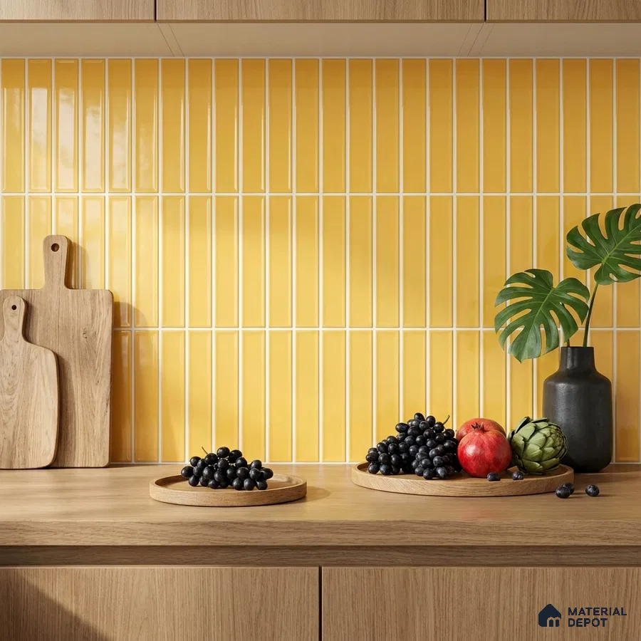 Modern Kitchen with Goldfinch Yellow Glossy Subway Backsplash Tile and Oak Counter