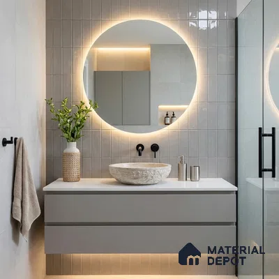 Minimalist Bathroom with Light Grey Glossy Subway Tile and Round Backlit Mirror