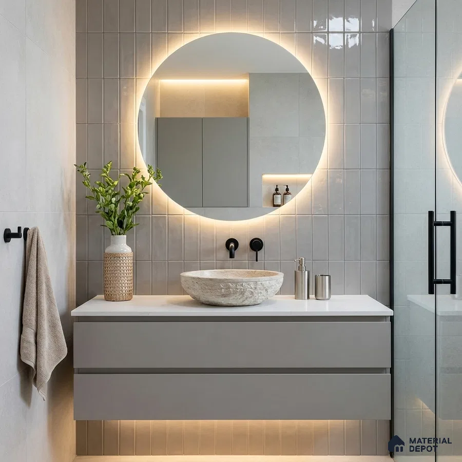 Minimalist Bathroom with Light Grey Glossy Subway Tile and Round Backlit Mirror