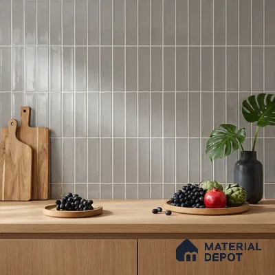 Scandinavian Kitchen with Light Grey Glossy Subway Backsplash Tile and Oak Counter
