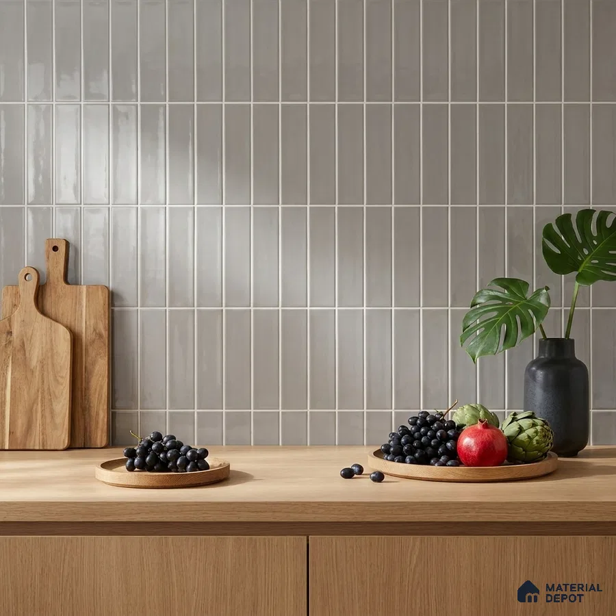 Scandinavian Kitchen with Light Grey Glossy Subway Backsplash Tile and Oak Counter