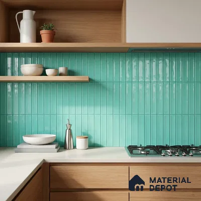Modern Kitchen with Teal Green Glossy Stacked Subway Tile and Walnut Cabinets